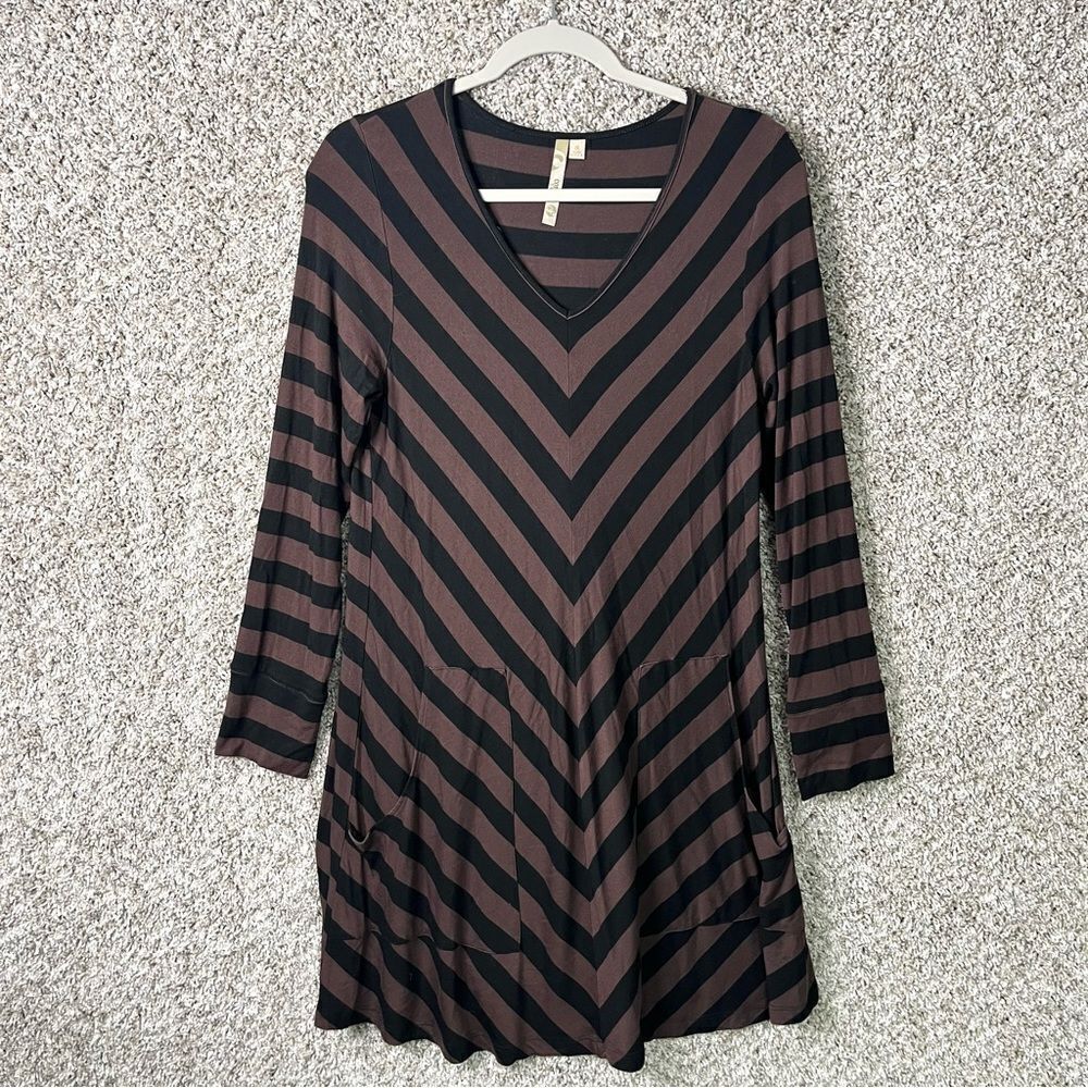 Comfy USA Dress Women's Small Brown/Black Striped Jersey Knit Long Sleeve Tunic